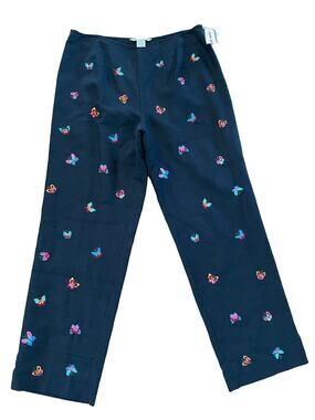 NWT Peter Martin Black High Rise Silk Pants Embroidered Butterflies Size 14 32W